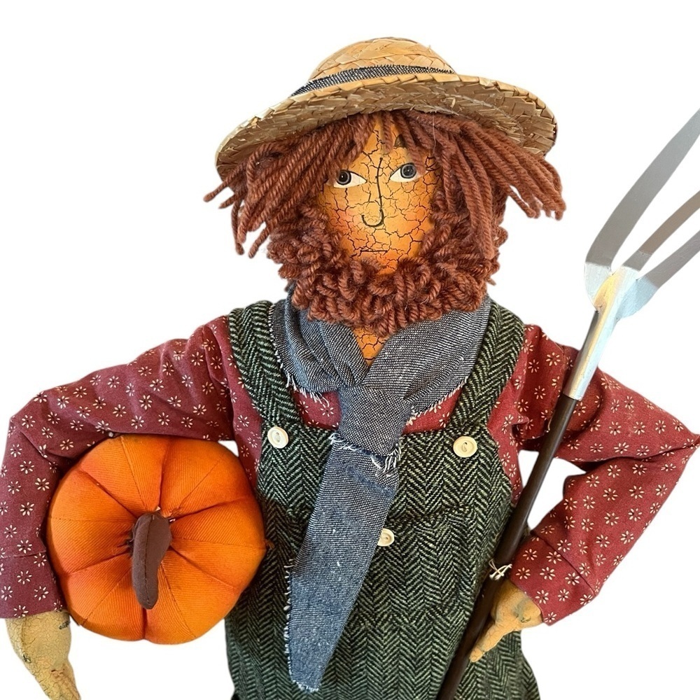Folk Art Country Style Farmer in Overalls with Pumpkin & Pitchfork Decoration